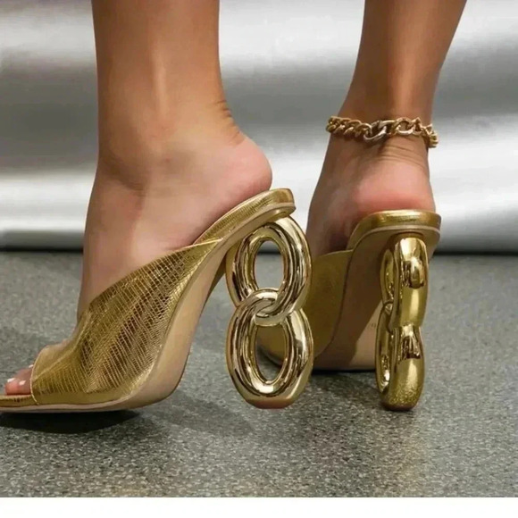 MGOLD SHOES METALLIC SHIMMER OPEN TOE MULE CHAIN FORMAL SEXY HEELS SIZE … - Picture 2 of 14